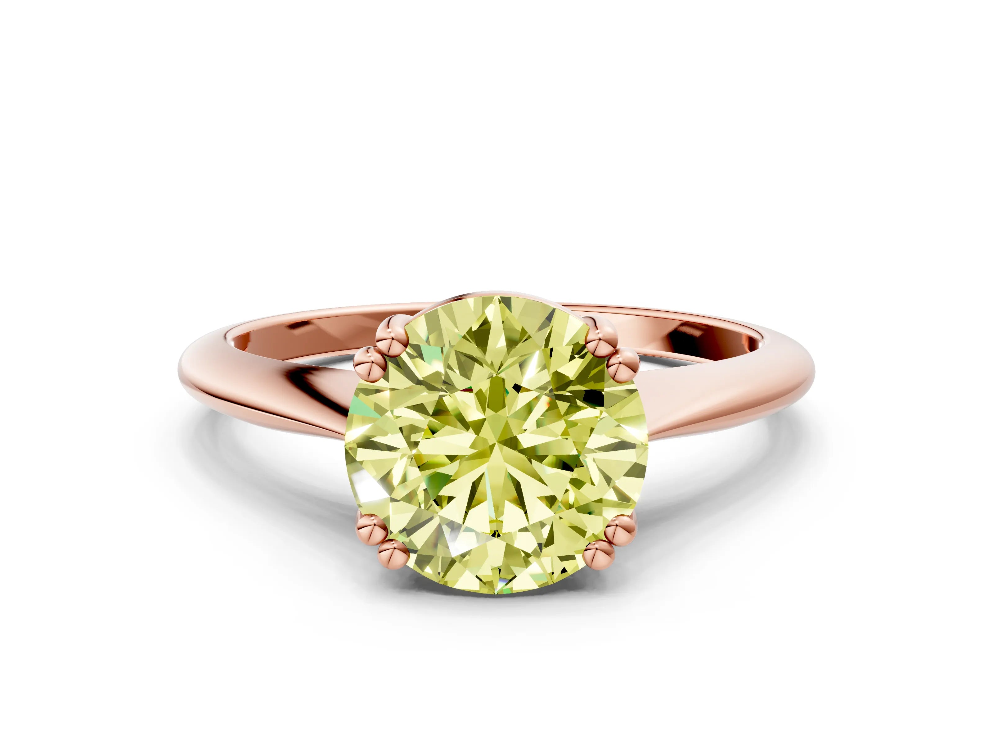 Rose gold Fancy Yellow Round Cut Solitaire Diamond Ring with Six-Prong Setting and Classic Band