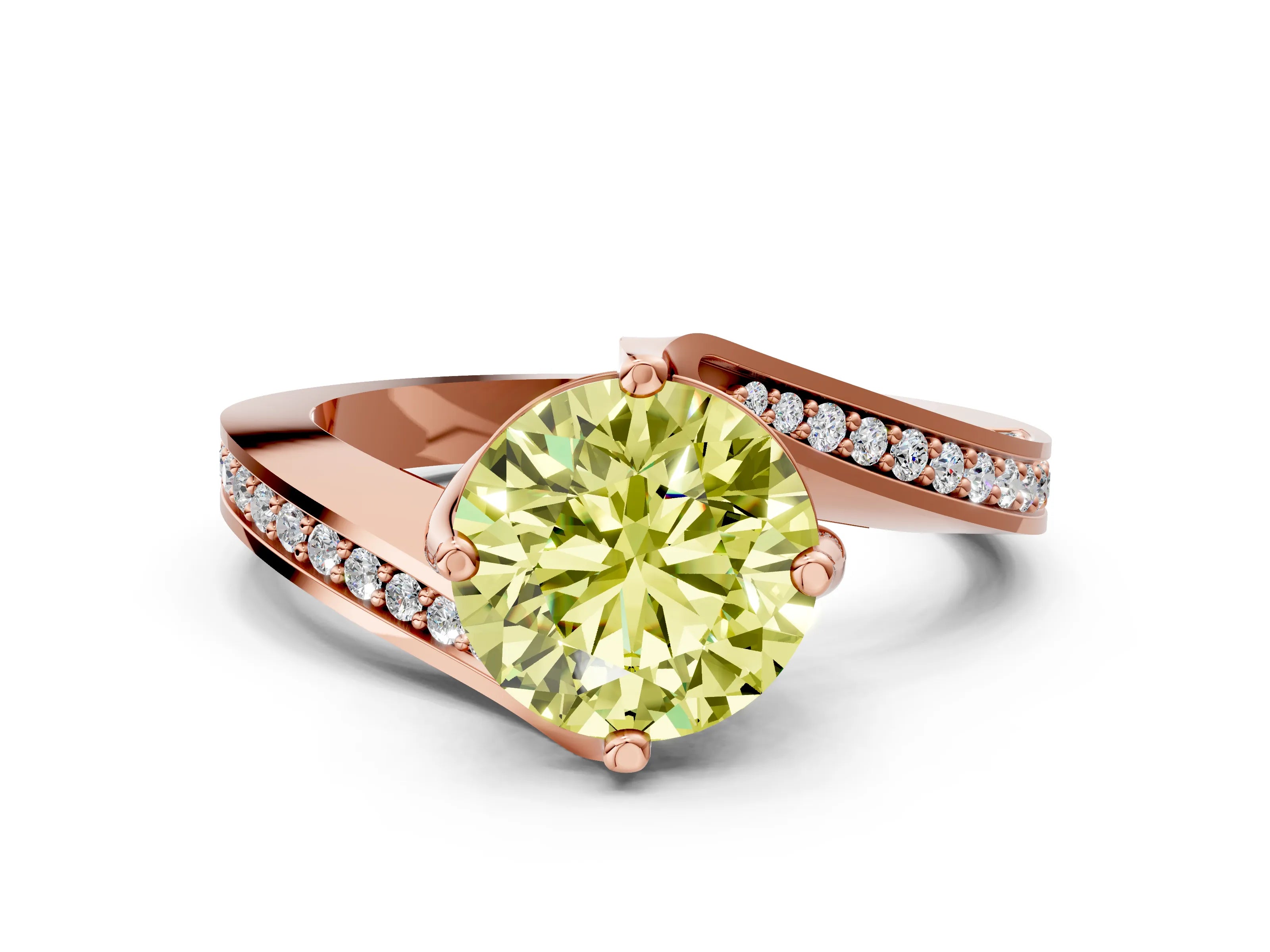 Rose gold Fancy Yellow Round Cut Solitaire Diamond Twist Band with Pavé Setting and Four-Prong Setting
