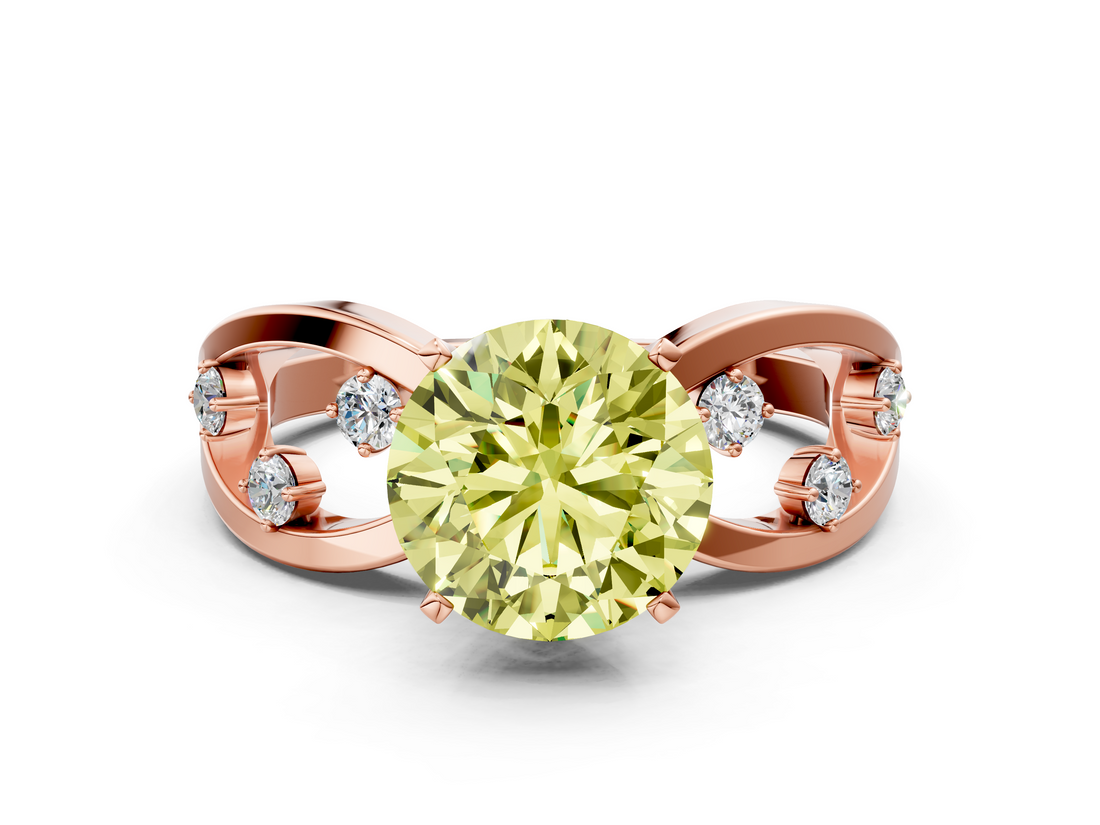 Rose gold Fancy Yellow Round  Cut Solitaire Diamond with Side Stones on Criss-Cross Band and Four-Prong Setting