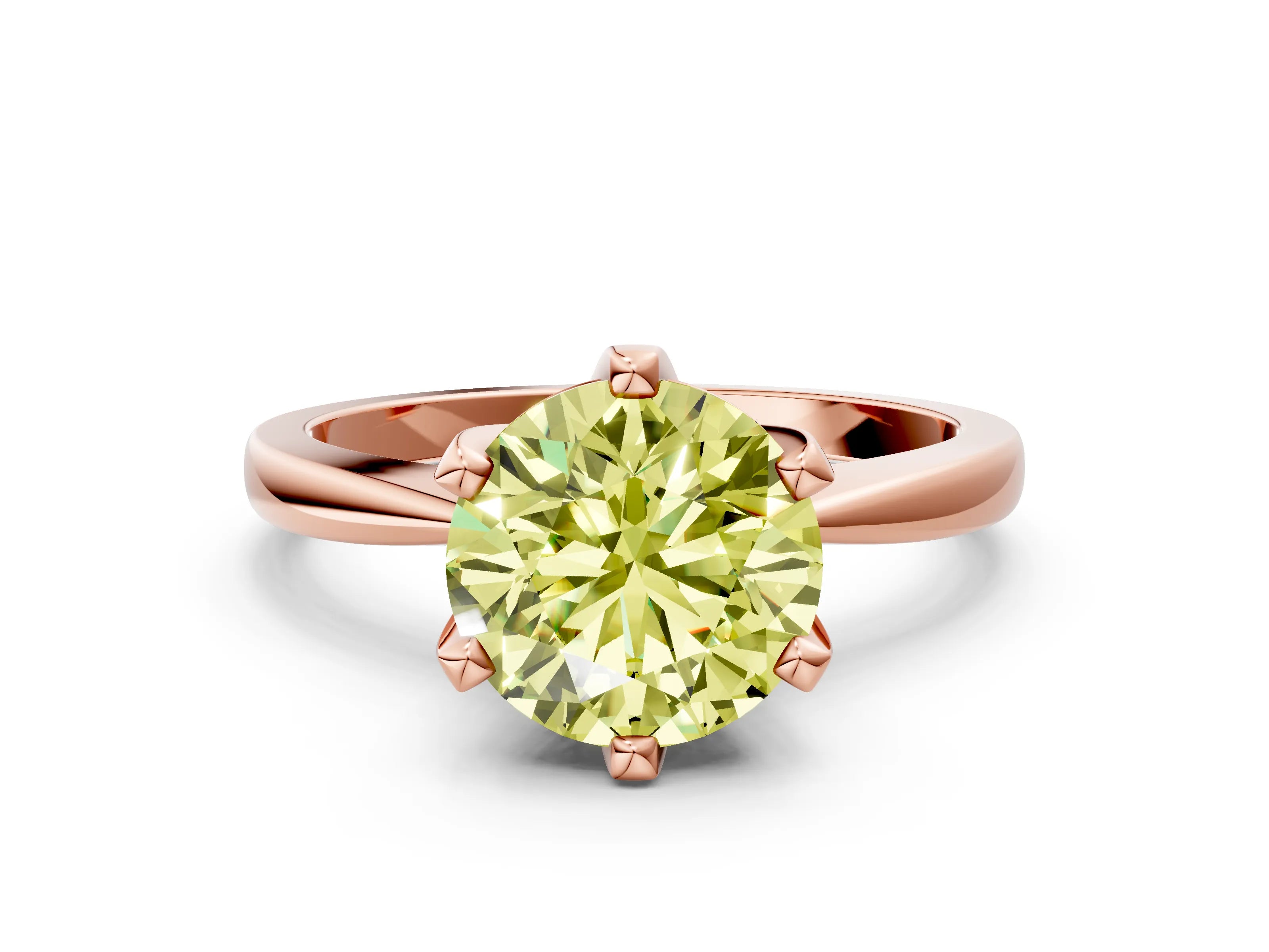 Rose gold Fancy Yellow Round Cut Solitaire Engagement Ring with Six-Prong Setting and Tapered Band