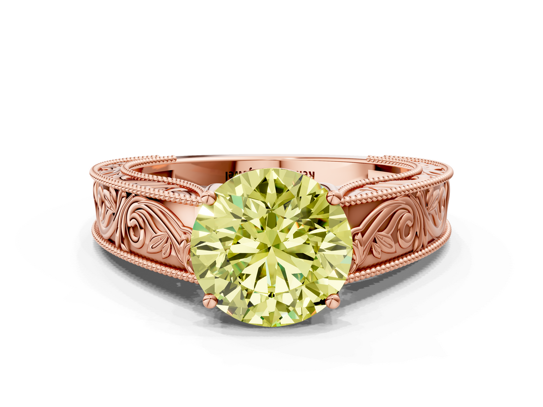 Rose gold Fancy Yellow Round  Cut Solitaire Engraved Band with Four-Prong Setting