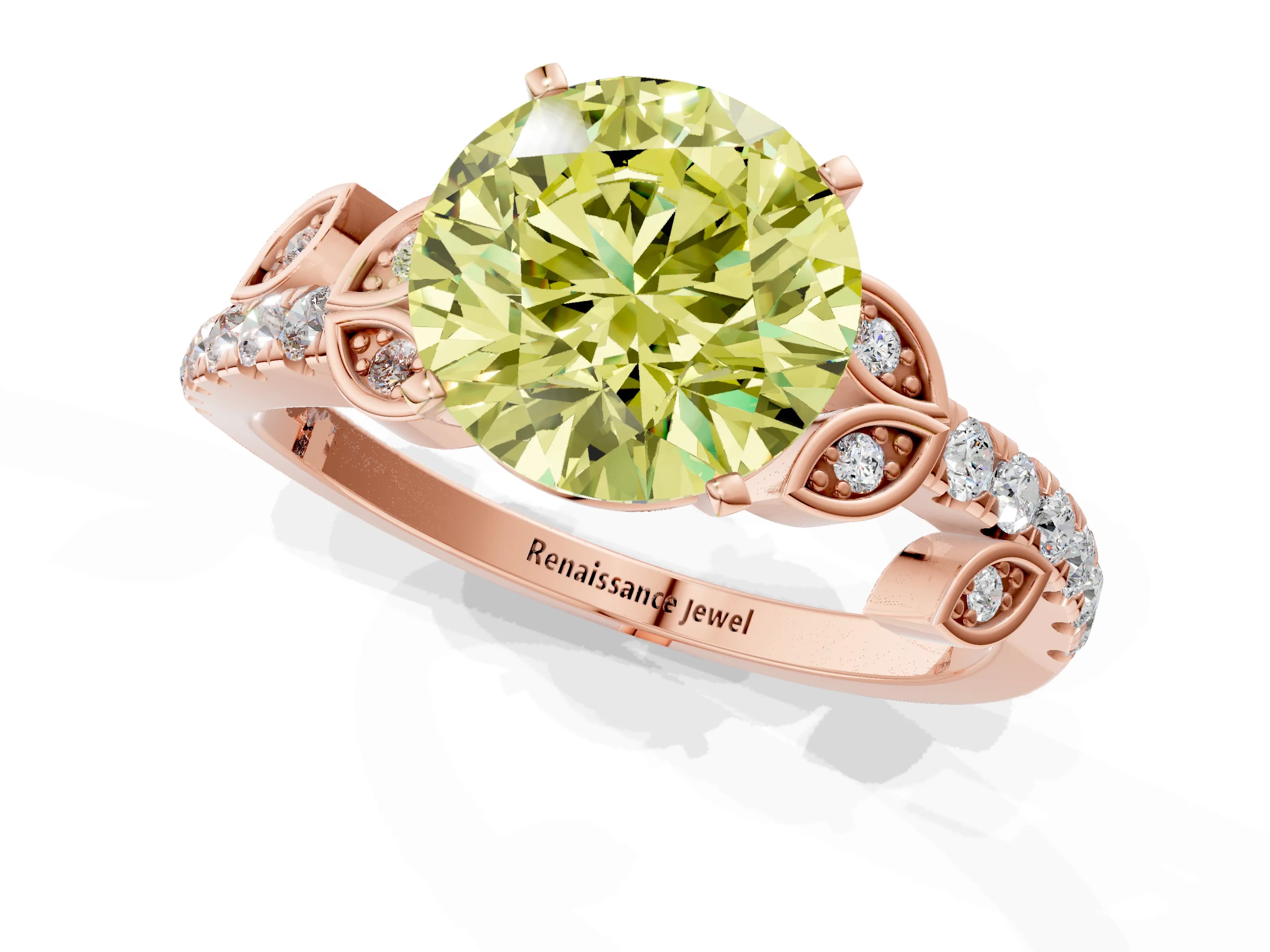 Rose gold Fancy Yellow Round Cut Solitaire Leaf-Inspired Diamond Ring with Pavé Band and Four-Prong Setting_20