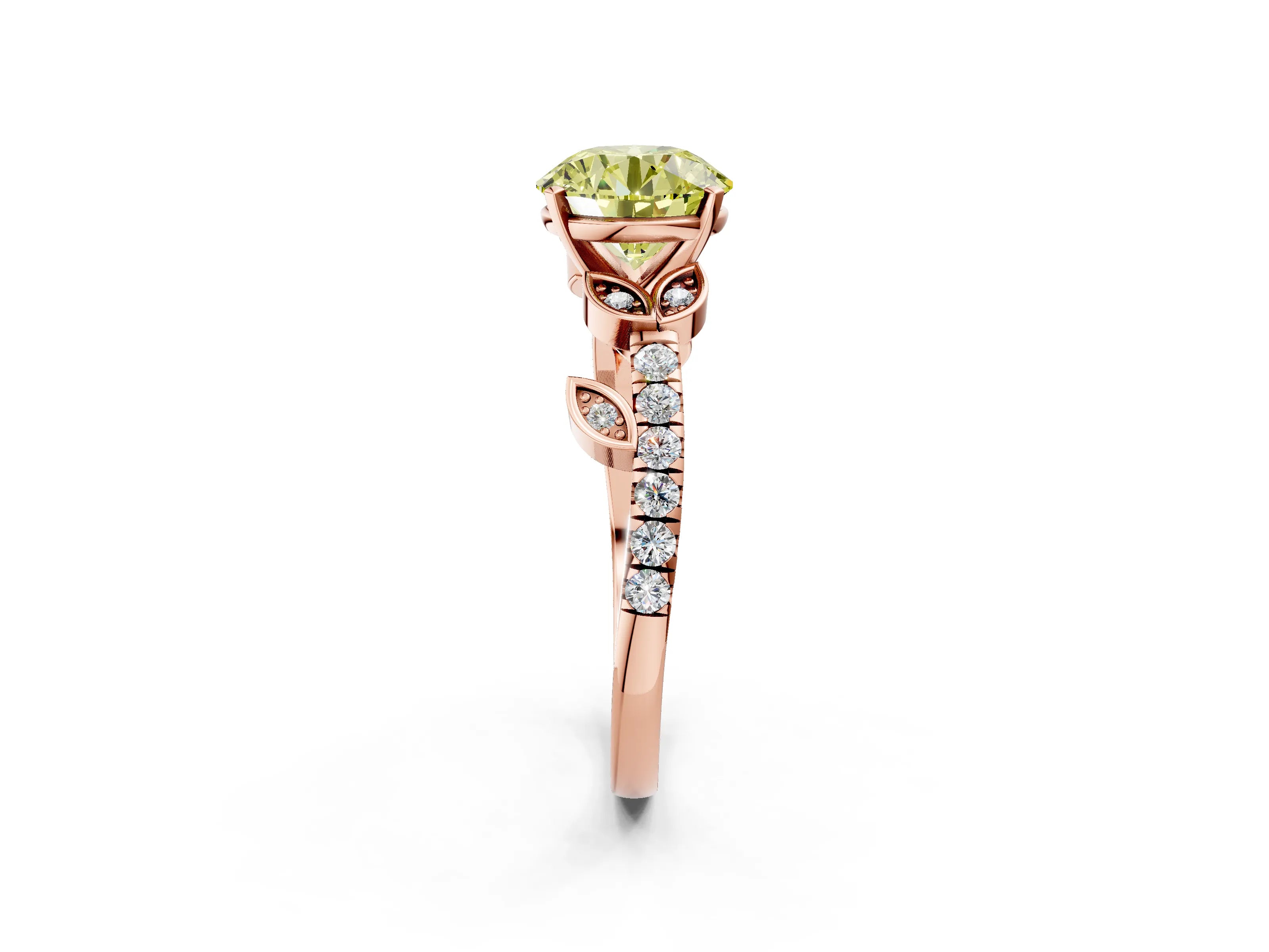 Rose gold Fancy Yellow Round Cut Solitaire Leaf-Inspired Diamond Ring with Pavé Band and Four-Prong Setting_21