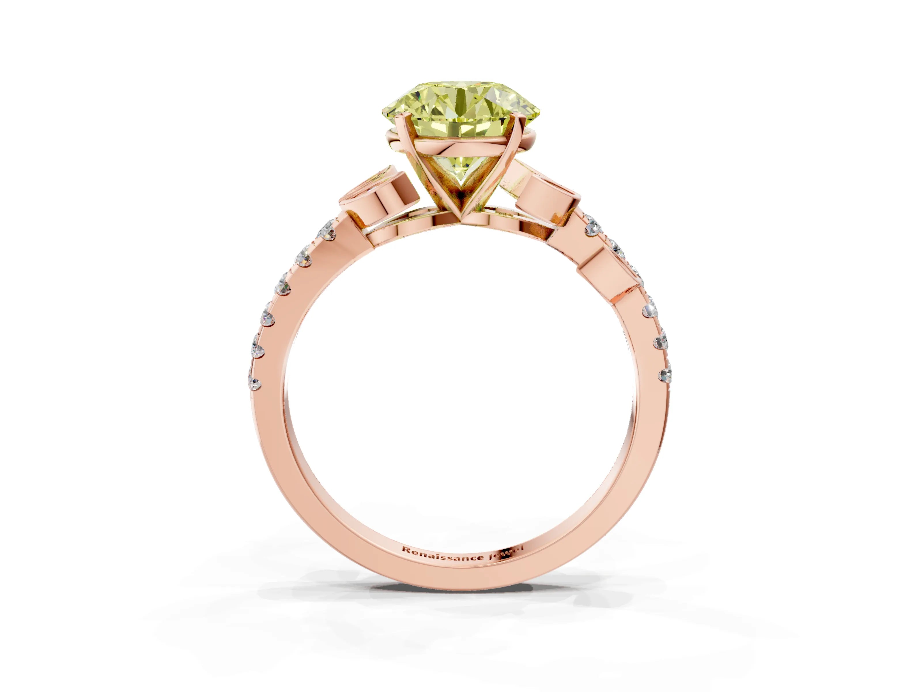 Rose gold Fancy Yellow Round Cut Solitaire Leaf-Inspired Diamond Ring with Pavé Band and Four-Prong Setting_22