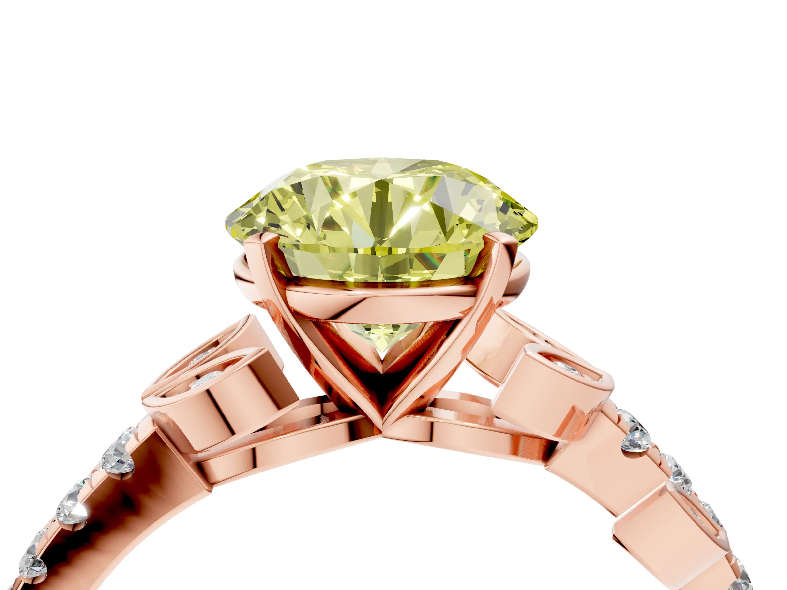 Rose gold Fancy Yellow Round Cut Solitaire Leaf-Inspired Diamond Ring with Pavé Band and Four-Prong Setting_24