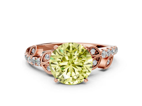 Rose gold Fancy Yellow Round Cut Solitaire Leaf-Inspired Diamond Ring with Pavé Band and Four-Prong Setting