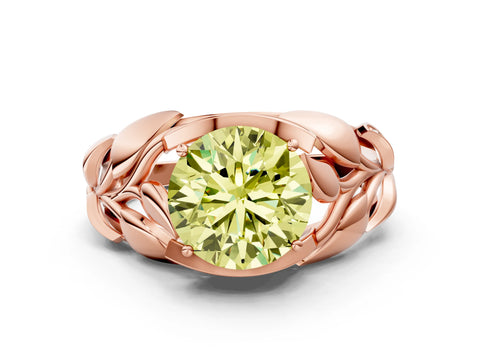 Rose gold Fancy Yellow Round Cut Solitaire Leaf-Inspired Engagement Ring with Prong Setting