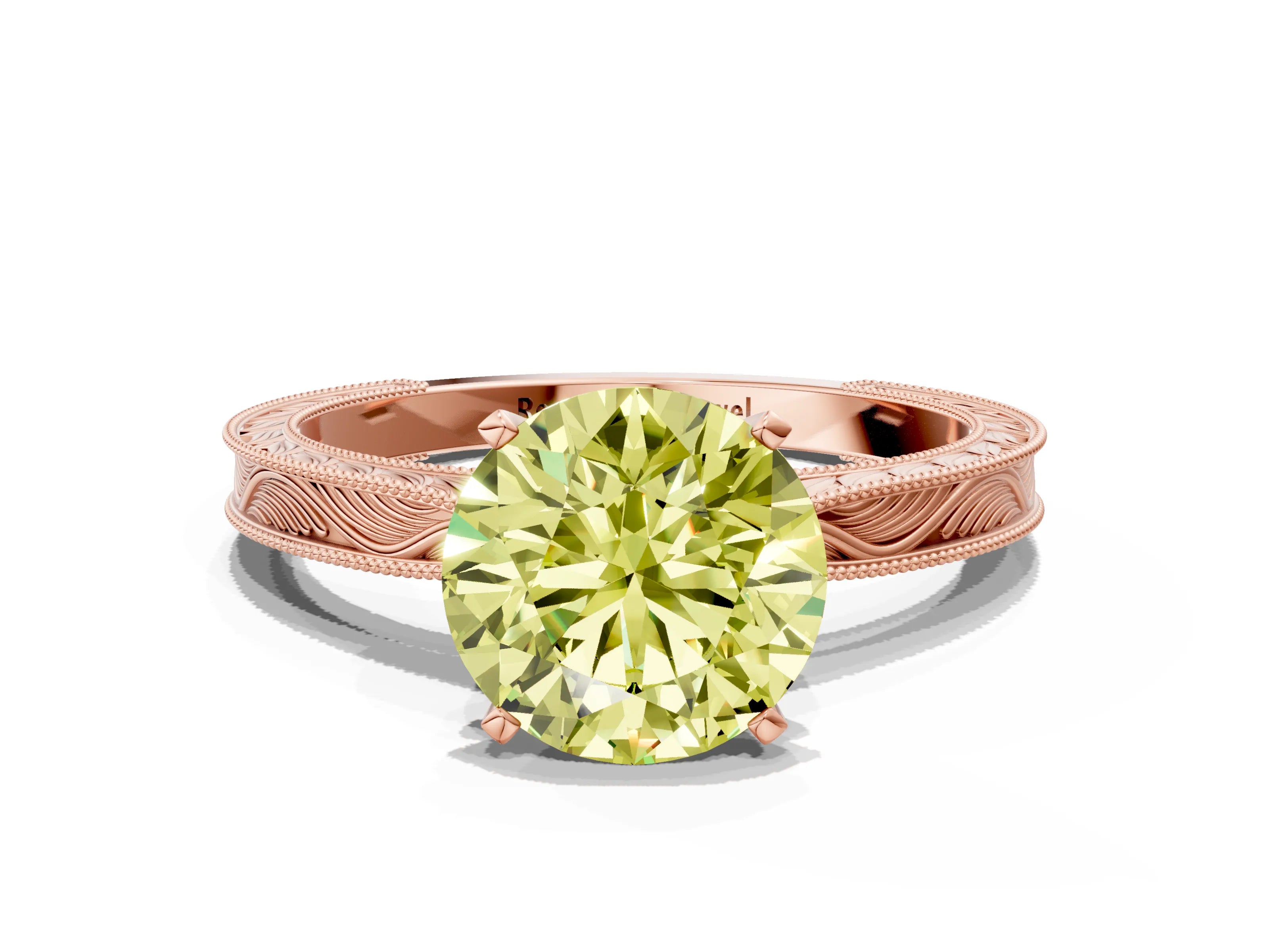 Rose gold Fancy Yellow Round Cut Solitaire Milgrain Engraved Band with Four-Prong Setting