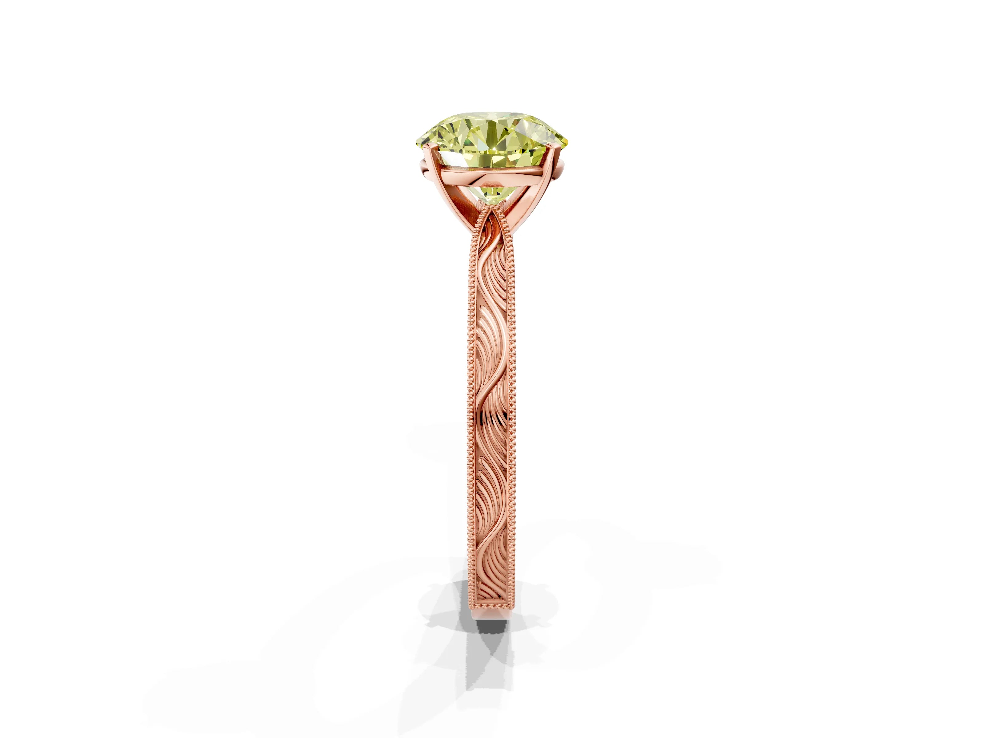 Rose gold Fancy Yellow Round Cut Solitaire Milgrain Engraved Band with Four-Prong Setting_1