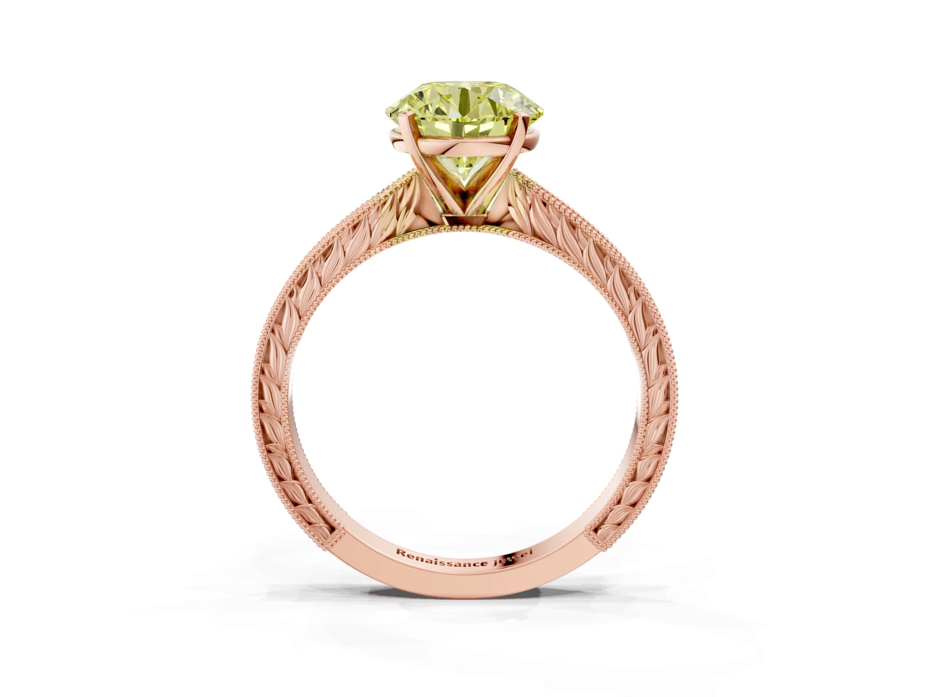 Rose gold Fancy Yellow Round Cut Solitaire Milgrain Engraved Band with Four-Prong Setting_3