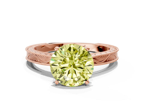 Rose gold Fancy Yellow Round Cut Solitaire Milgrain Engraved Band with Four-Prong Setting