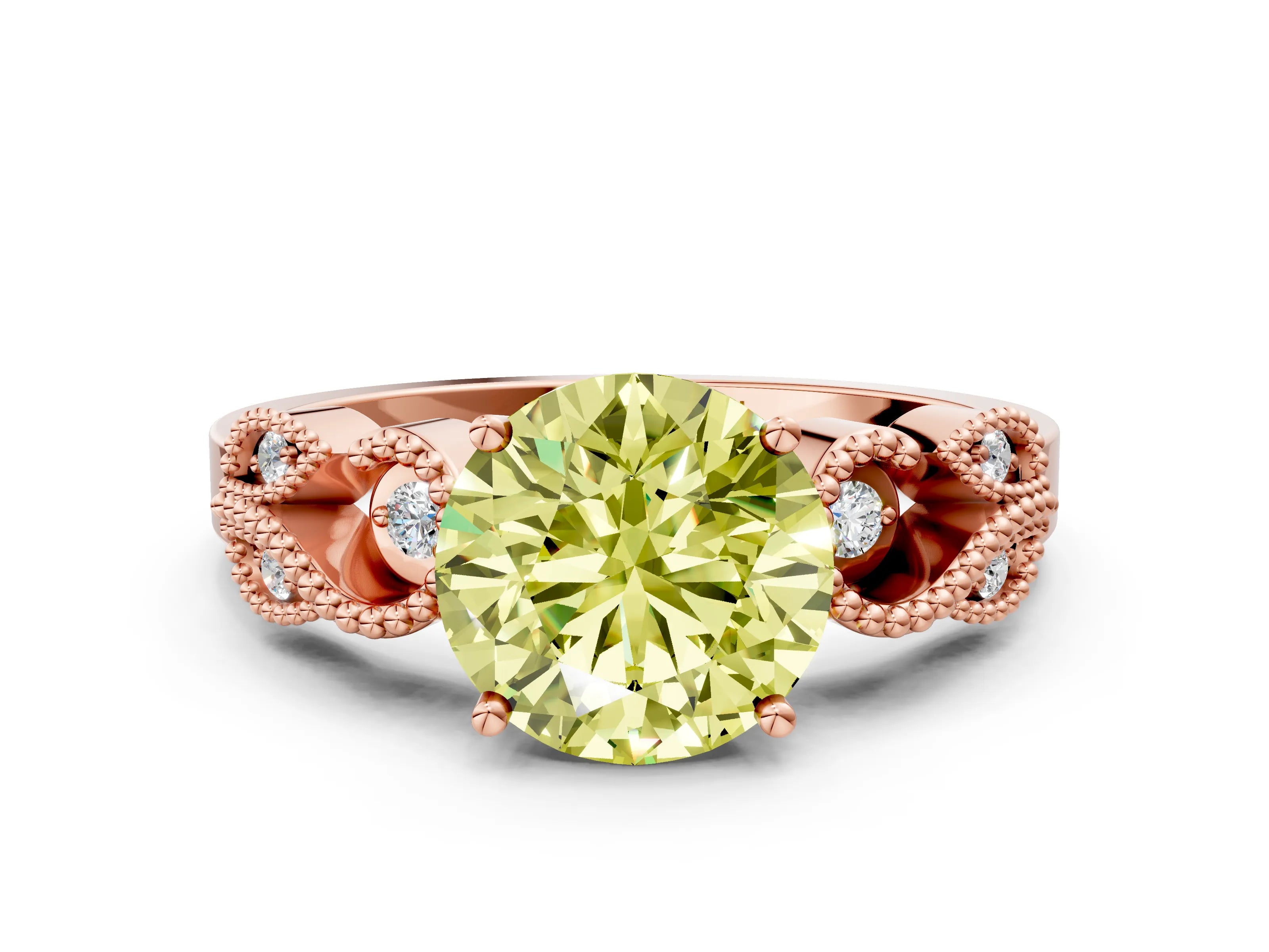 Rose gold Fancy Yellow Round Cut Solitaire Milgrain Leaf Band with Prong Setting