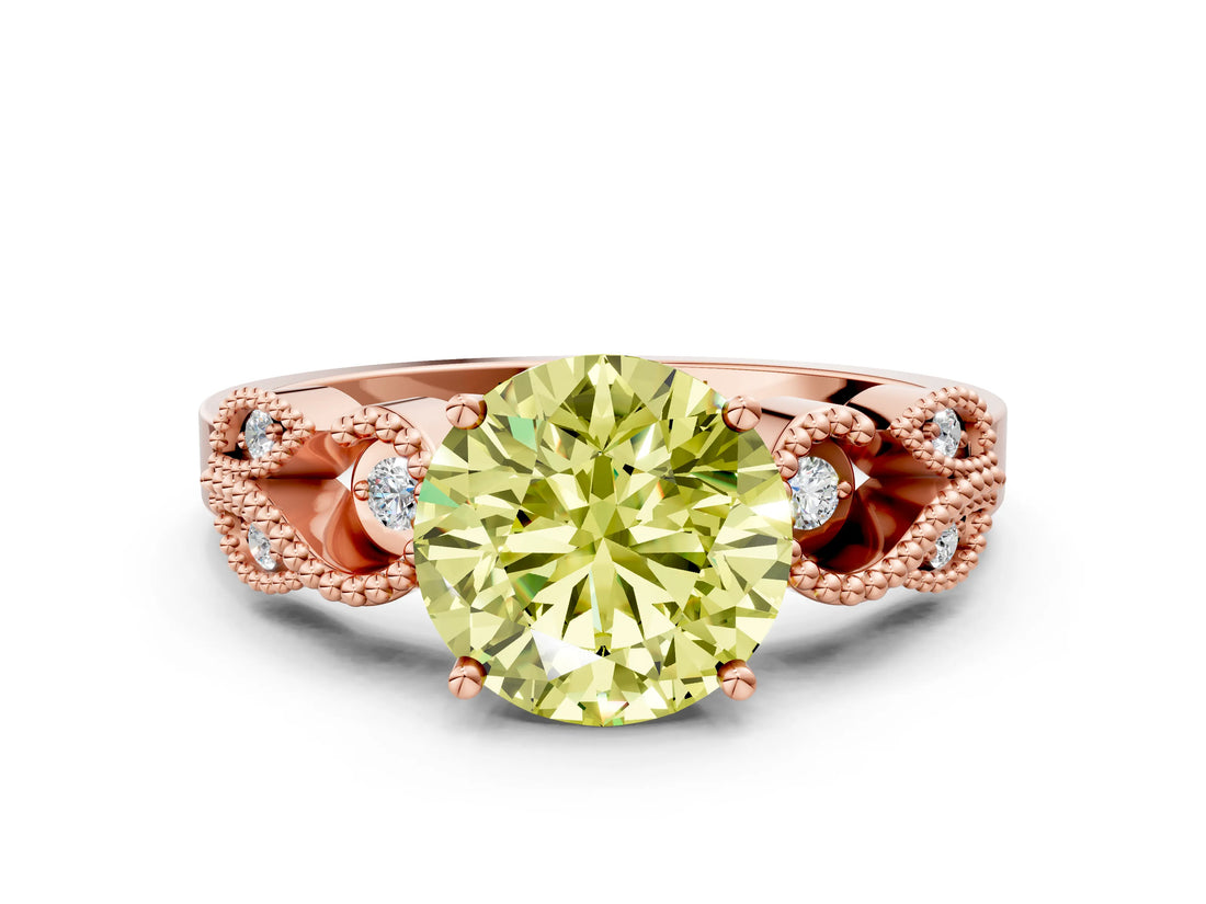 Rose gold Fancy Yellow Round Cut Solitaire Milgrain Leaf Band with Prong Setting