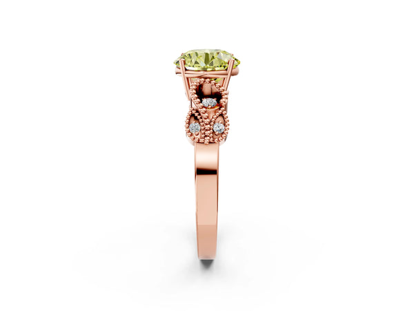 Rose gold Fancy Yellow Round Cut Solitaire Milgrain Leaf Band with Prong Setting