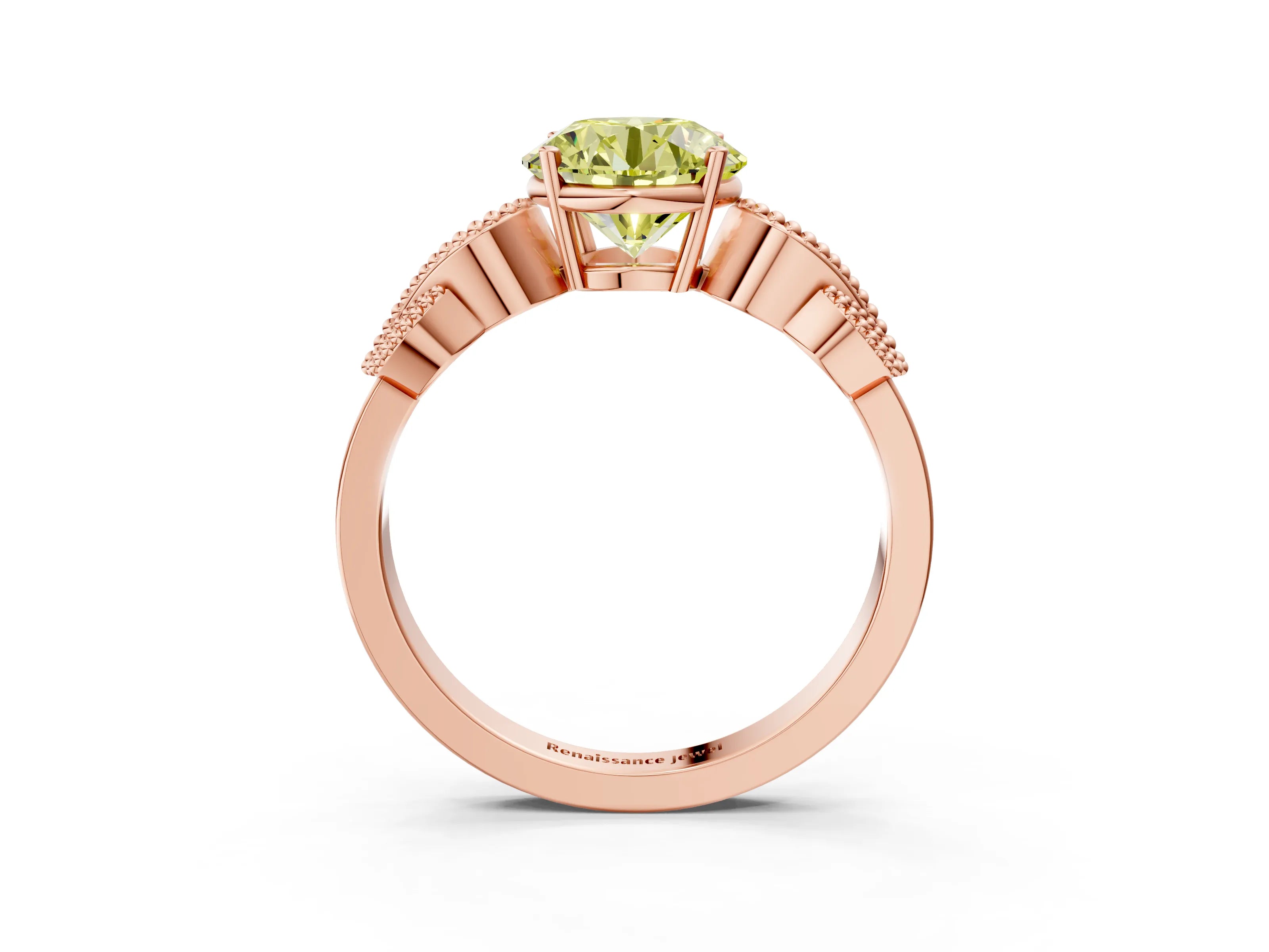 Rose gold Fancy Yellow Round Cut Solitaire Milgrain Leaf Band with Prong Setting_3