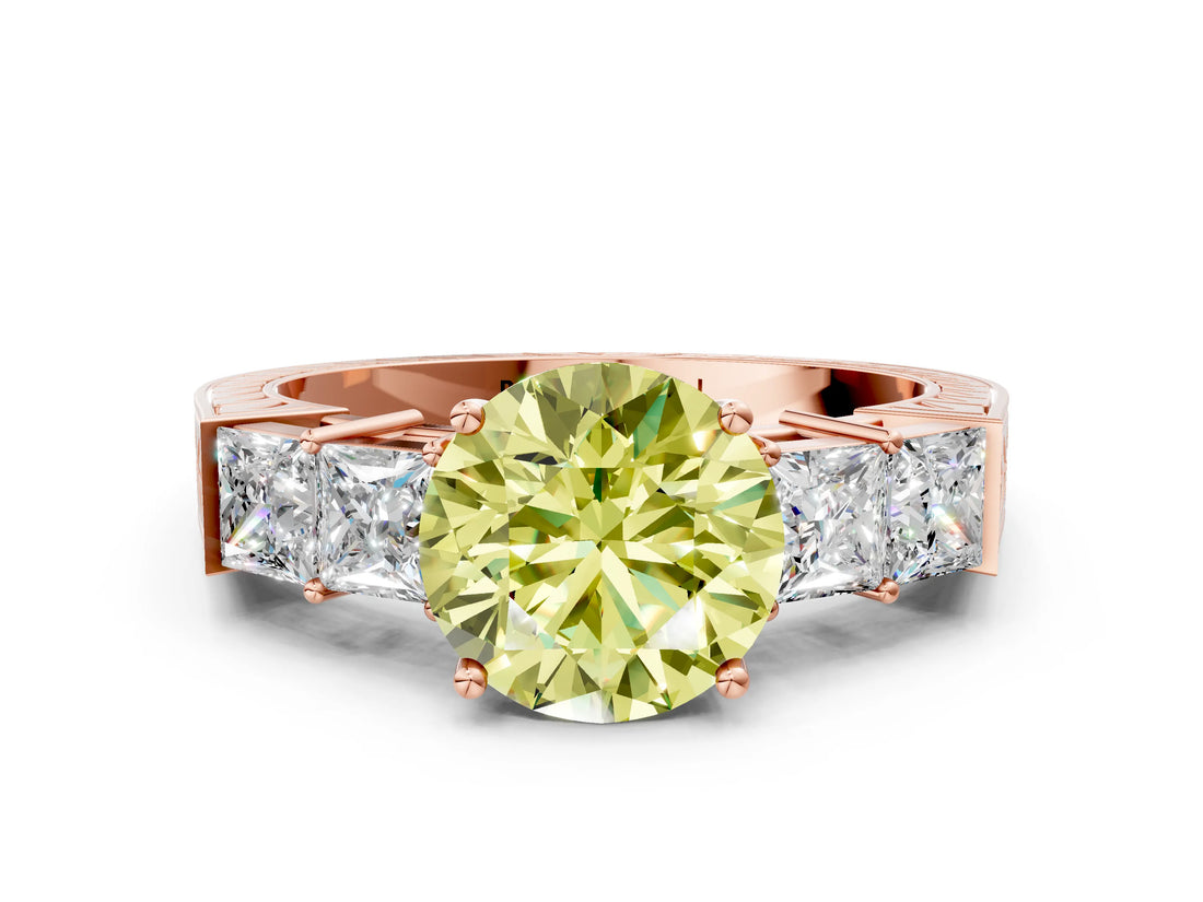 Rose gold Fancy Yellow Round Cut Solitaire Princess Side Stone Engraved Band Prong Setting Ring
