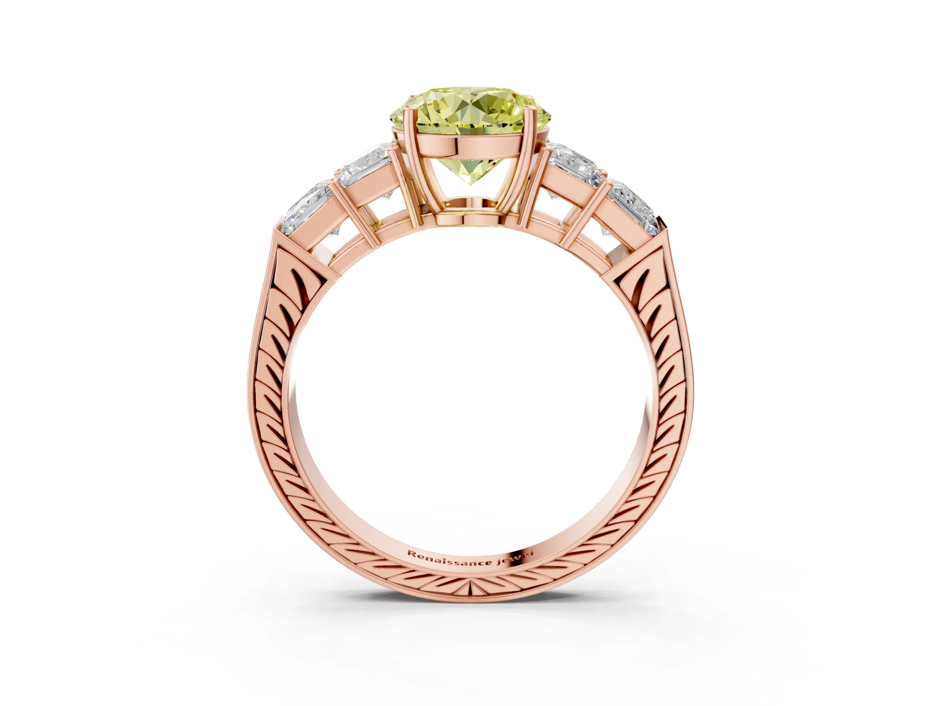 Rose gold Fancy Yellow Round Cut Solitaire Princess Side Stone Engraved Band Prong Setting Ring_3