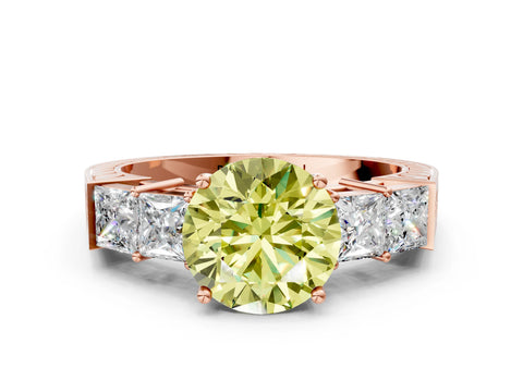 Rose gold Fancy Yellow Round Cut Solitaire Princess Side Stone Engraved Band Prong Setting Ring