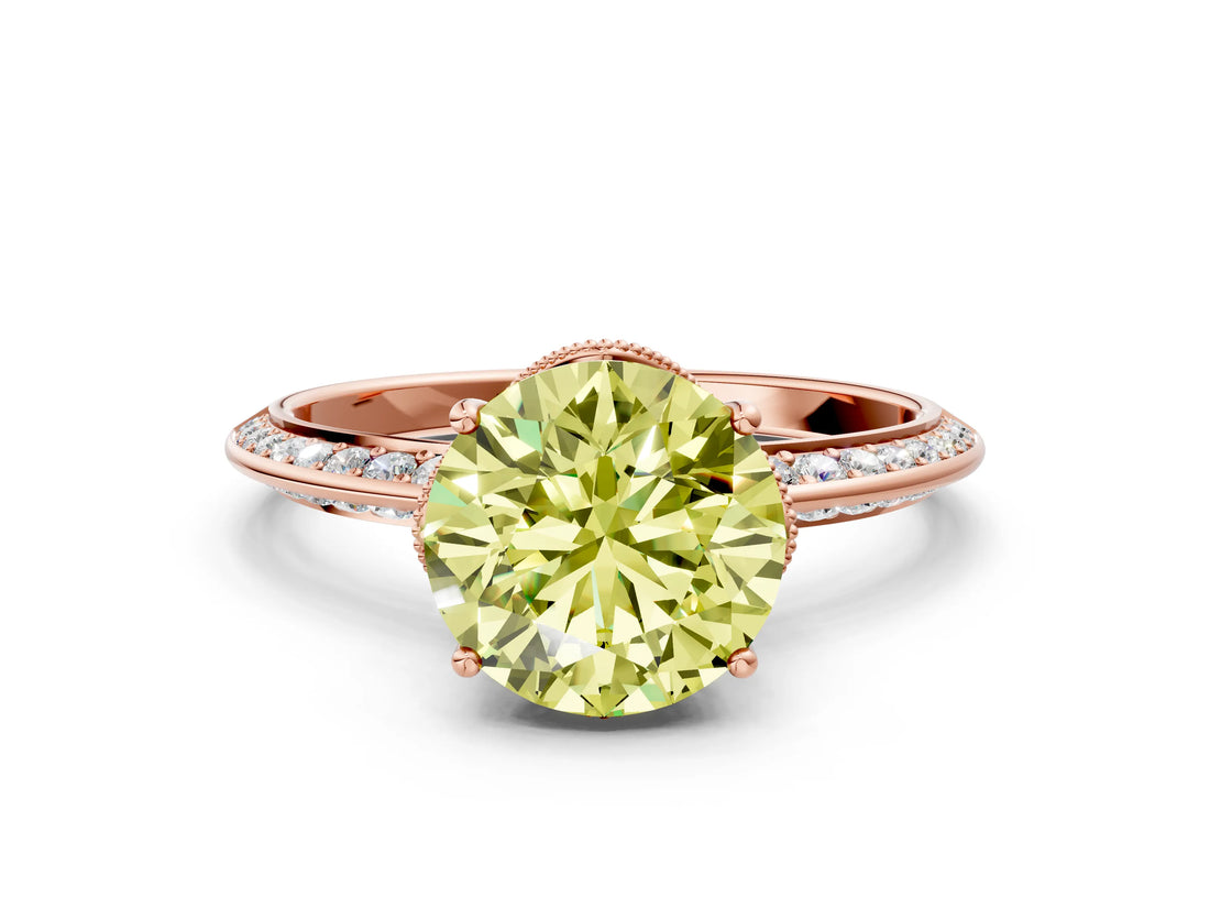 Rose gold Fancy Yellow Round Cut Solitaire Split Shank Pave Diamond Engagement Ring with Four-Prong Setting