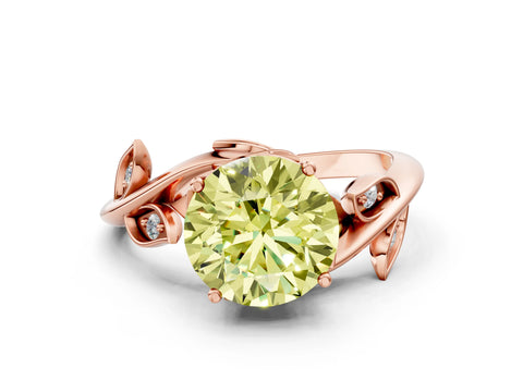 Rose gold Fancy Yellow Round Cut Solitaire Twist Engagement Ring with Leaf Accents and Prong Setting_12