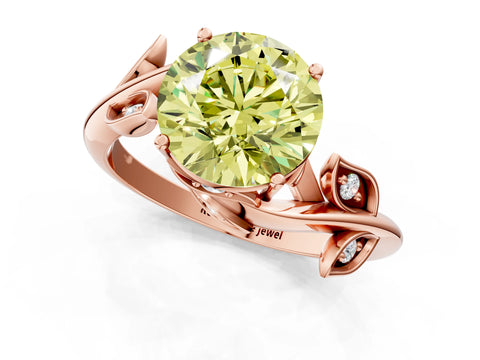 Rose gold Fancy Yellow Round Cut Solitaire Twist Engagement Ring with Leaf Accents and Prong Setting_13