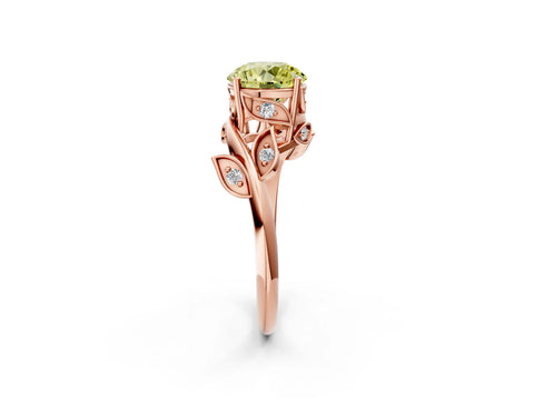 Rose gold Fancy Yellow Round Cut Solitaire Twist Engagement Ring with Leaf Accents and Prong Setting_14