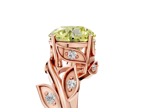 Rose gold Fancy Yellow Round Cut Solitaire Twist Engagement Ring with Leaf Accents and Prong Setting_17
