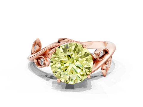 Rose gold Fancy Yellow Round Cut Solitaire Twist Engagement Ring with Leaf Accents and Prong Setting