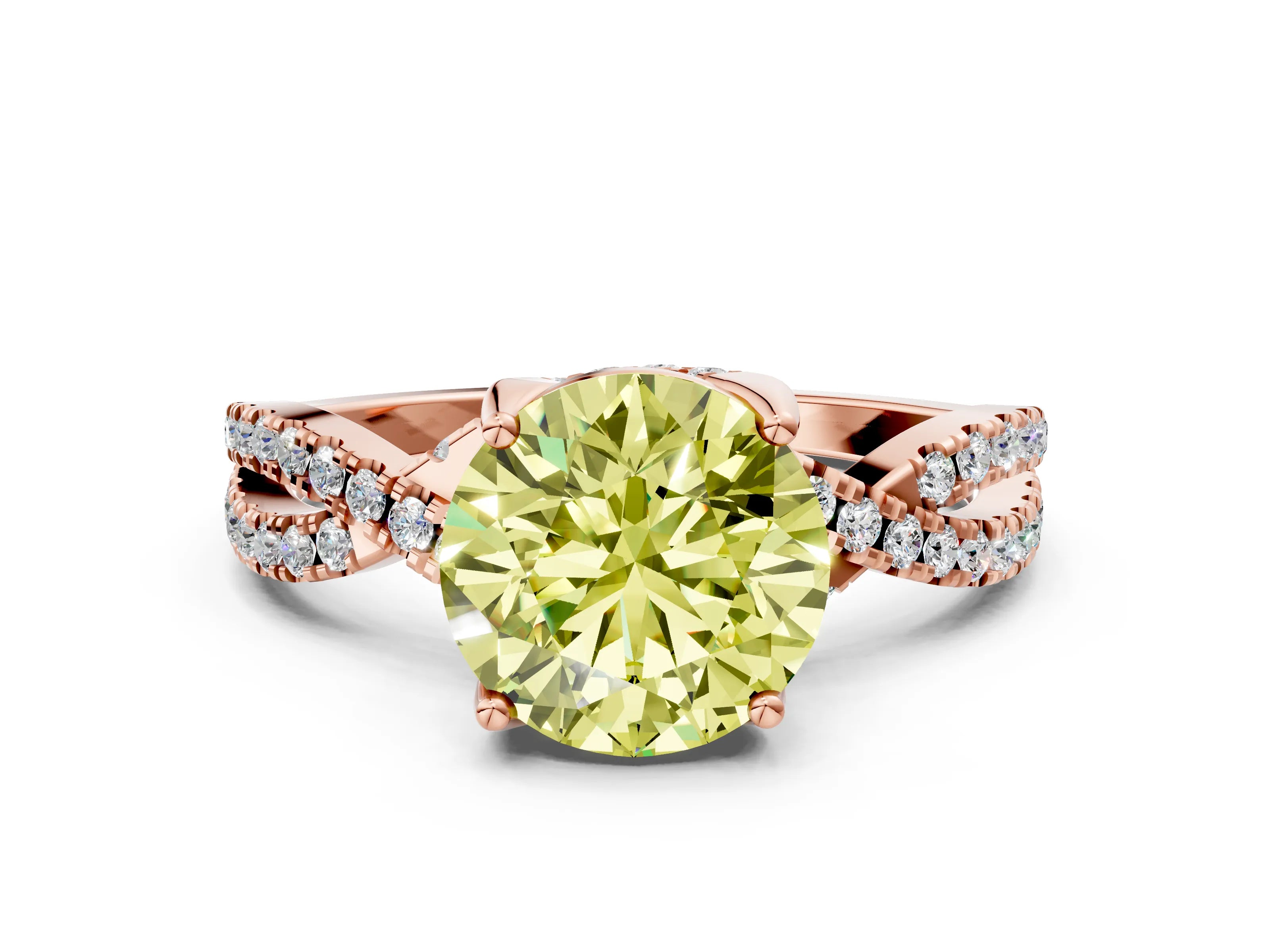 Rose gold Fancy Yellow Round Cut Solitaire Twist Pave Diamond Engagement Ring with Prong Setting