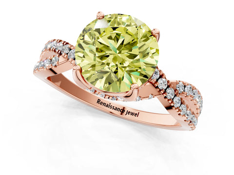 Rose gold Fancy Yellow Round Cut Solitaire Twist Pave Diamond Engagement Ring with Prong Setting_1