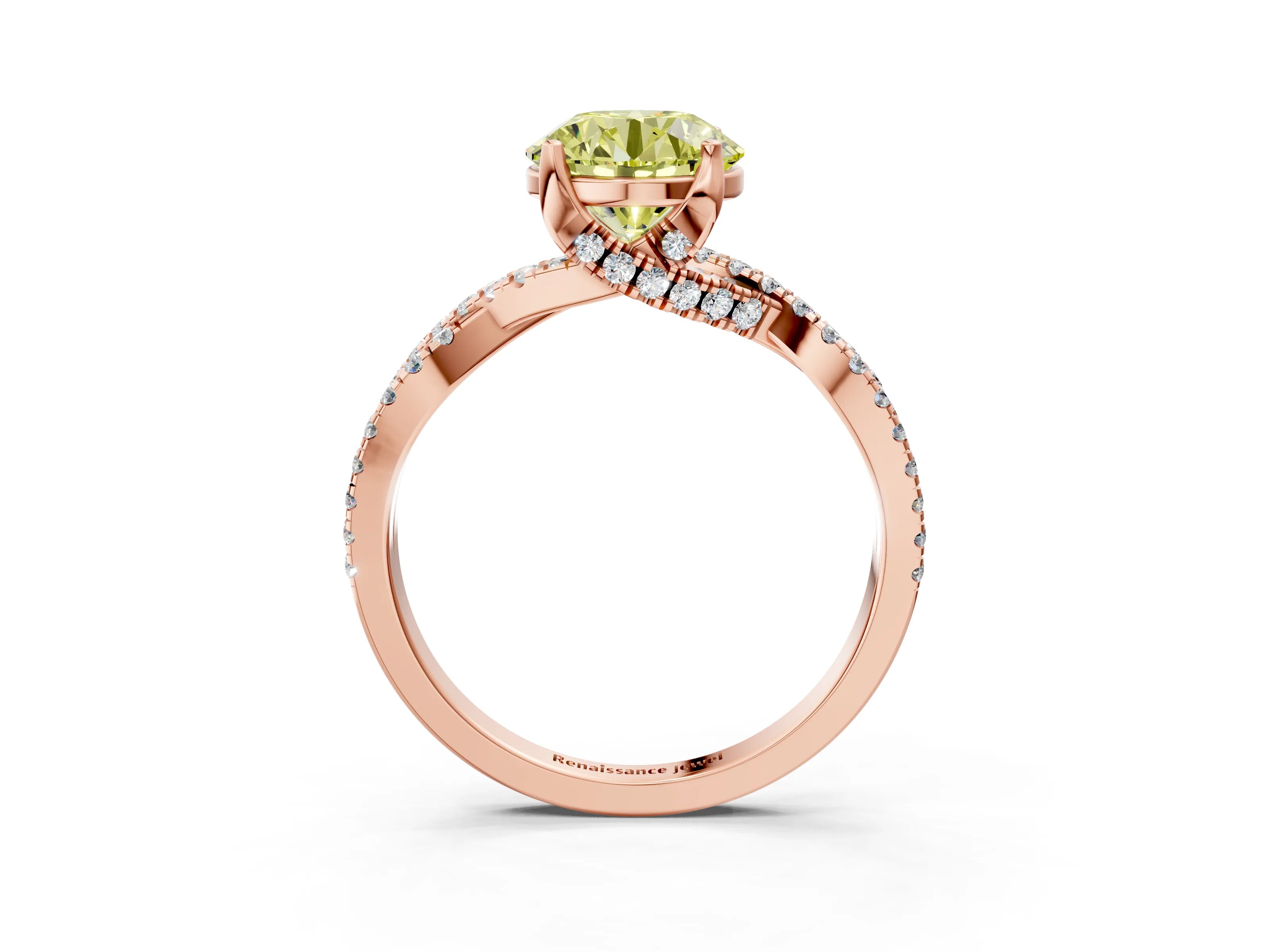 Rose gold Fancy Yellow Round Cut Solitaire Twist Pave Diamond Engagement Ring with Prong Setting_3