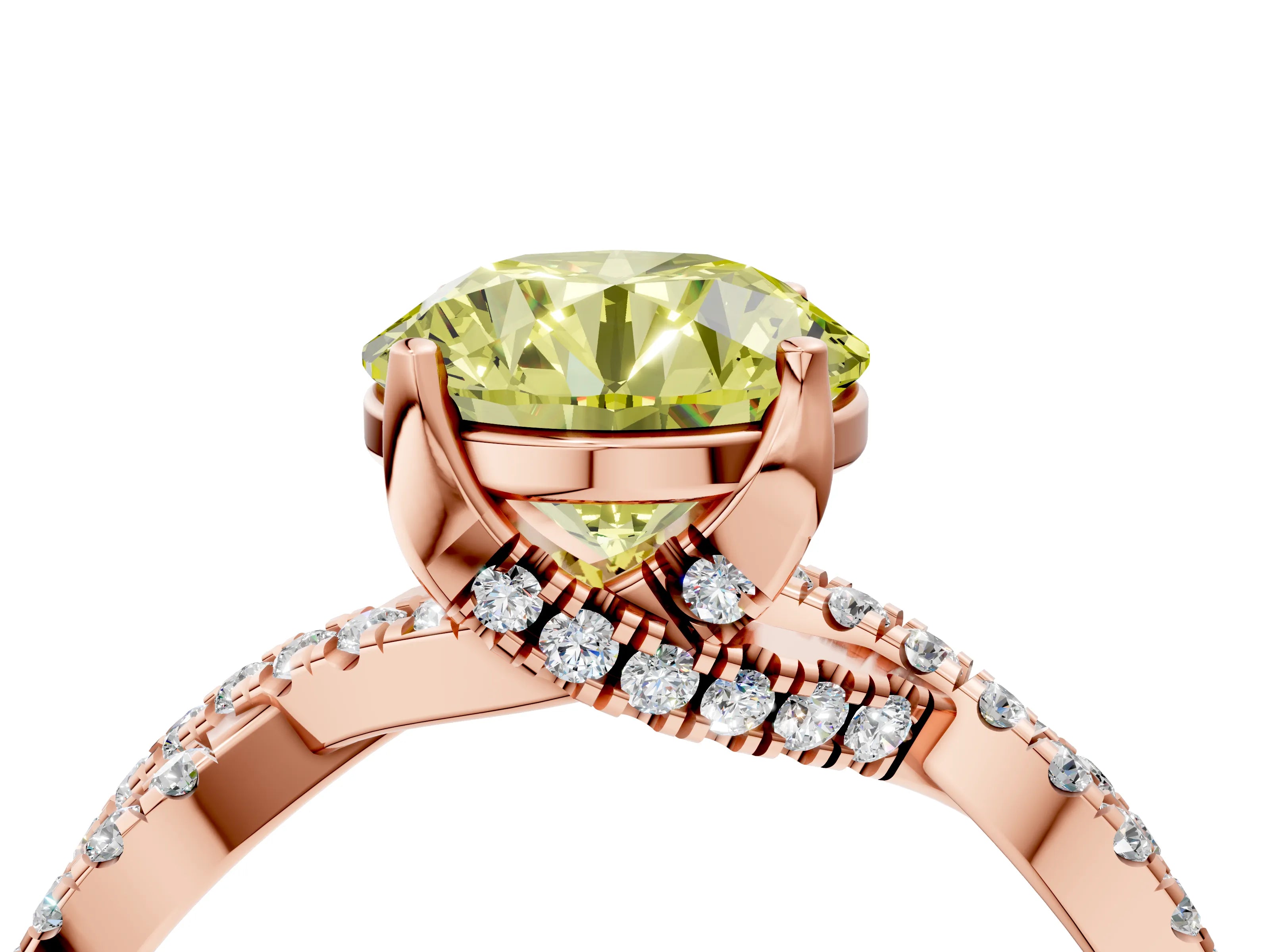 Rose gold Fancy Yellow Round Cut Solitaire Twist Pave Diamond Engagement Ring with Prong Setting_4