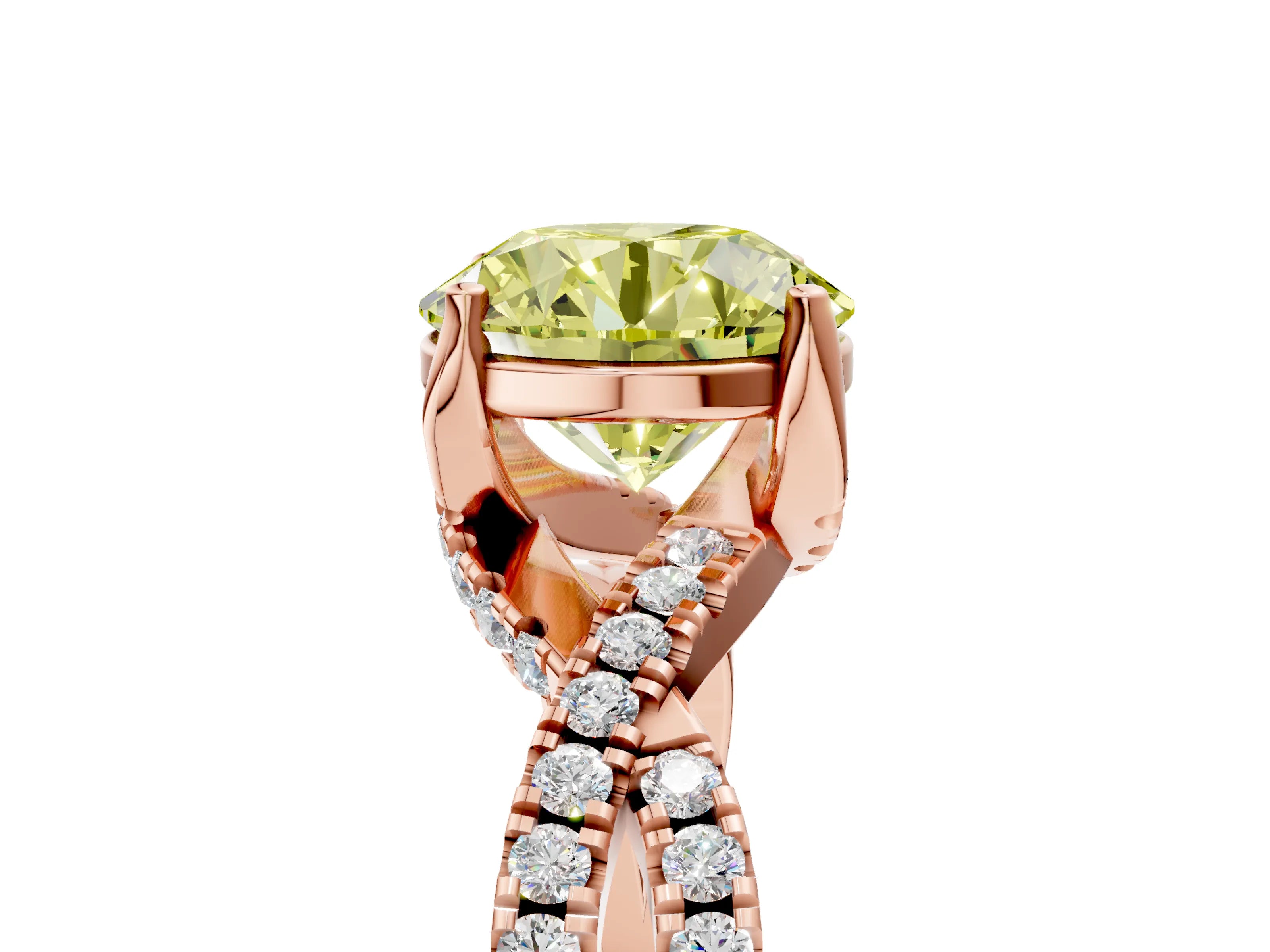 Rose gold Fancy Yellow Round Cut Solitaire Twist Pave Diamond Engagement Ring with Prong Setting_5