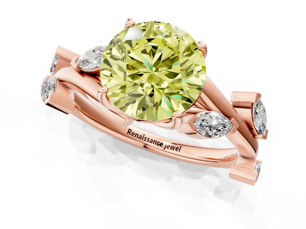 Rose gold Fancy Yellow Round Cut Solitaire Twisted Band Marquise Accent Prong Setting Ring