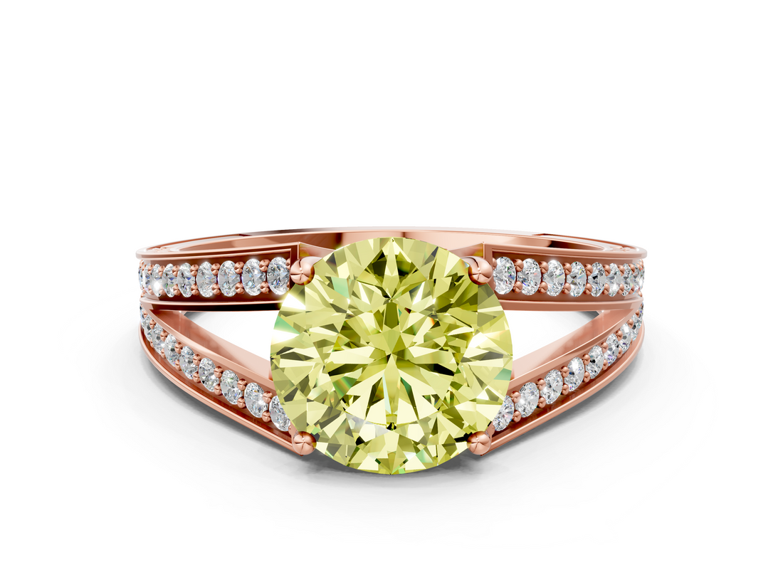Rose gold Fancy Yellow Round  Cut Split Shank Pave Diamond Ring with Four-Prong Setting