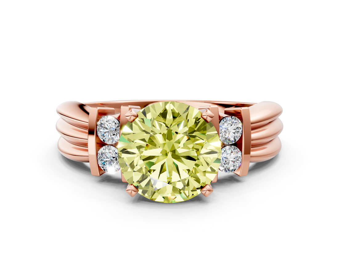Rose gold Fancy Yellow Round  Cut Three-Stone Channel Set Ring with Bar Prongs