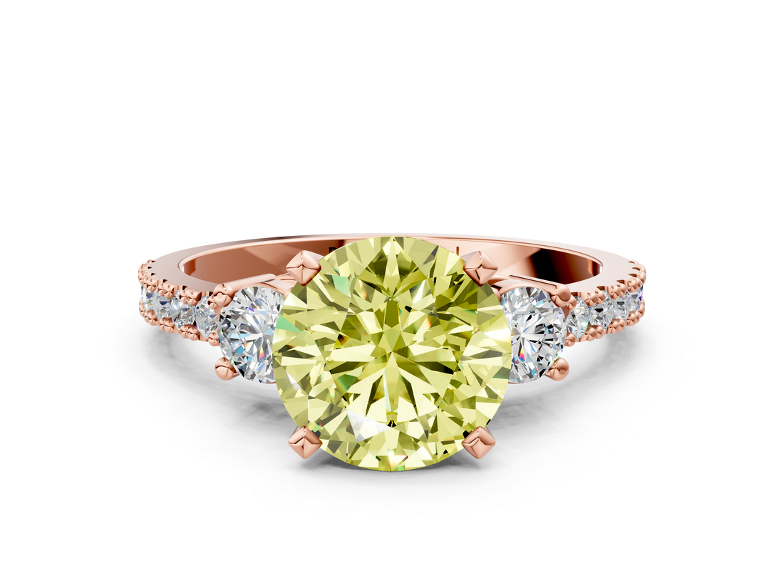 Rose gold Fancy Yellow Round  Cut Three-Stone Diamond Pavé Band with Prong Setting
