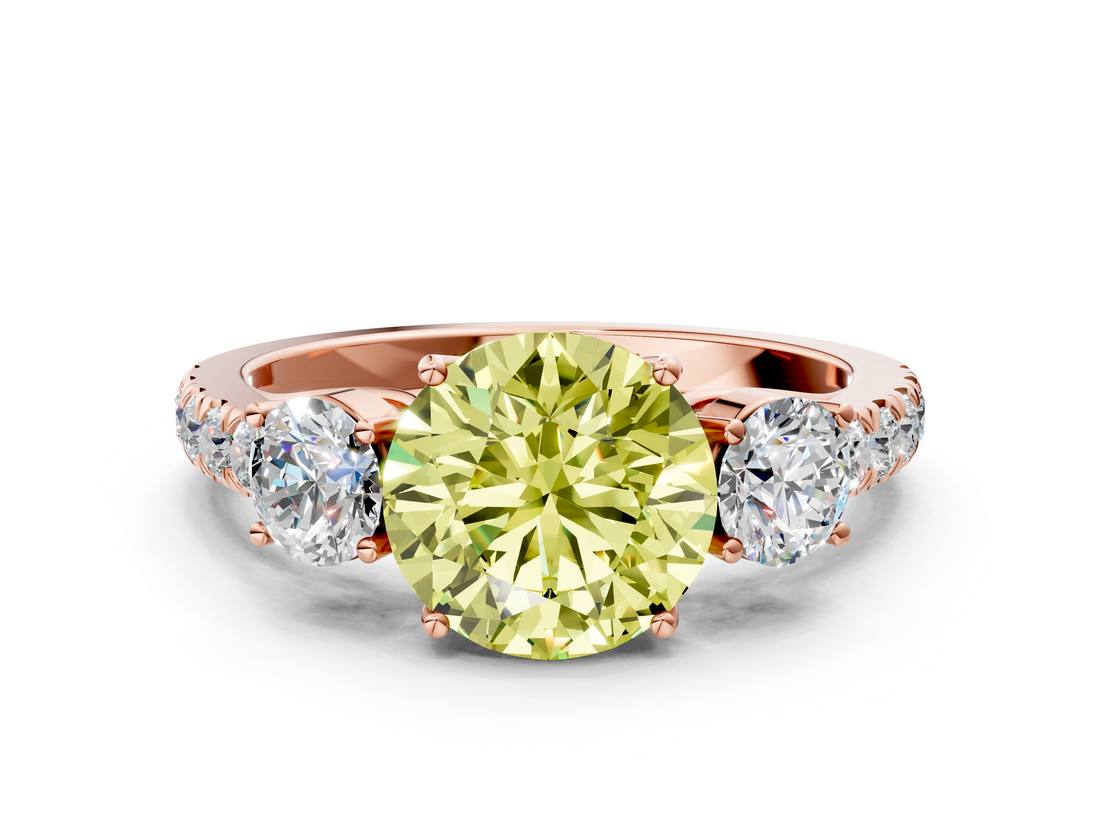 Rose gold Fancy Yellow Round  Cut Three-Stone Diamond Pave Band with Prong Setting_17