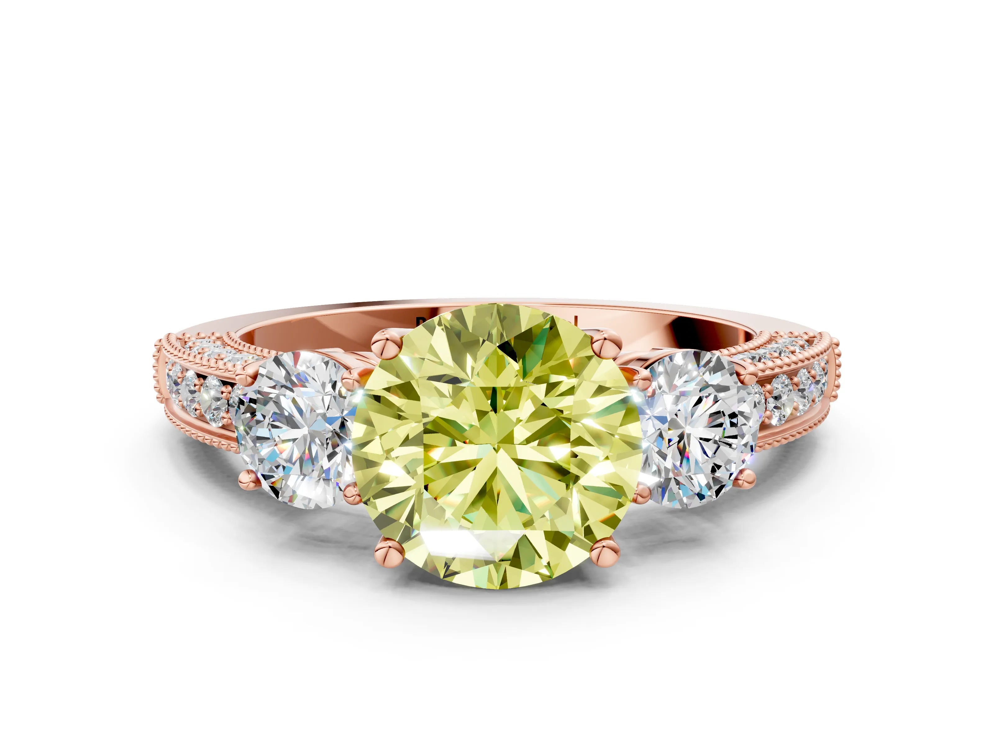 Rose gold Fancy Yellow Round Cut Three-Stone Diamond Ring with Pavé Band and Four-Prong Setting