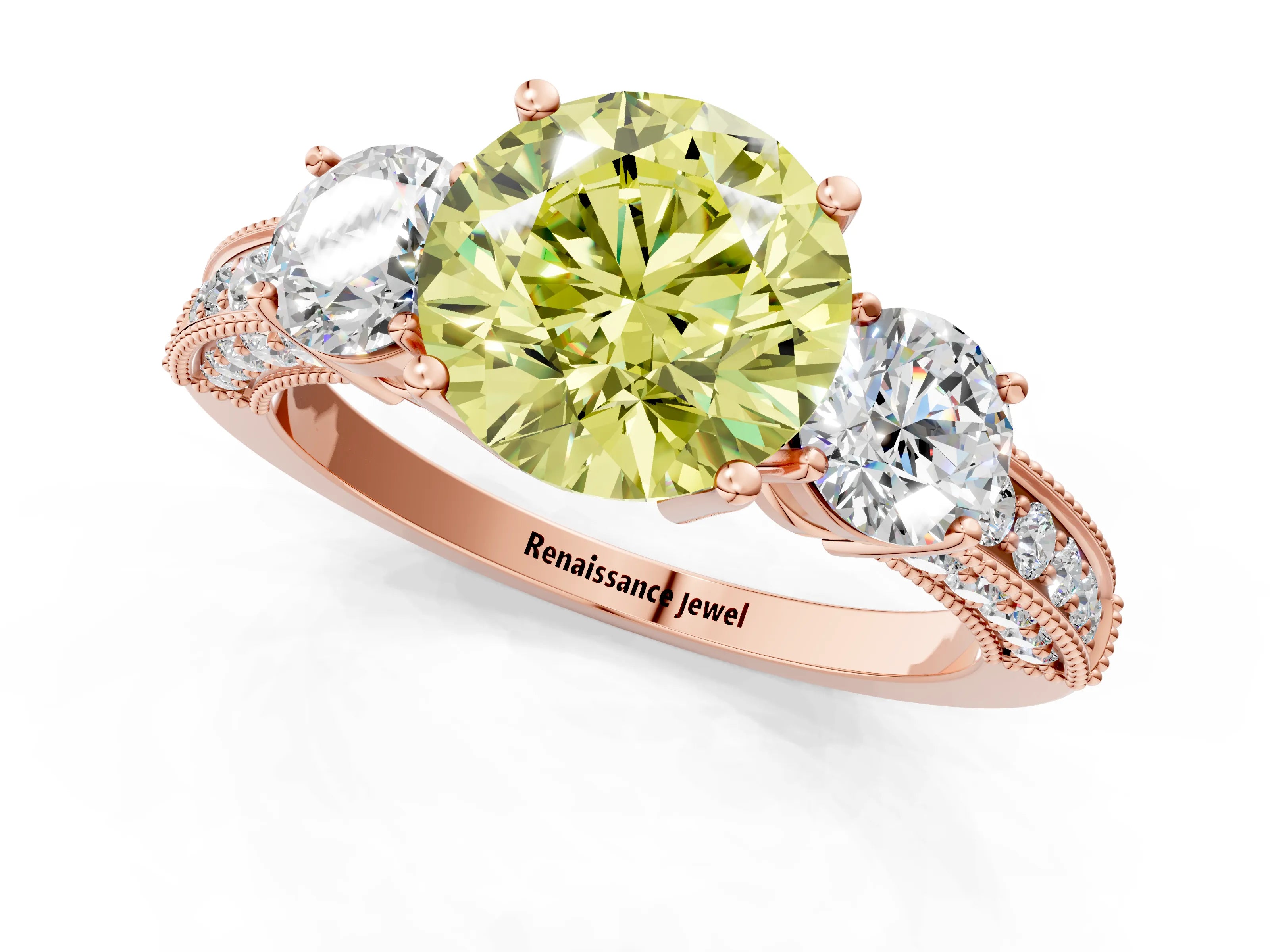 Rose gold Fancy Yellow Round Cut Three-Stone Diamond Ring with Pavé Band and Four-Prong Setting_1