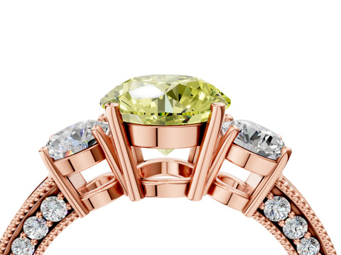 Rose gold Fancy Yellow Round Cut Three-Stone Diamond Ring with Pavé Band and Four-Prong Setting_4