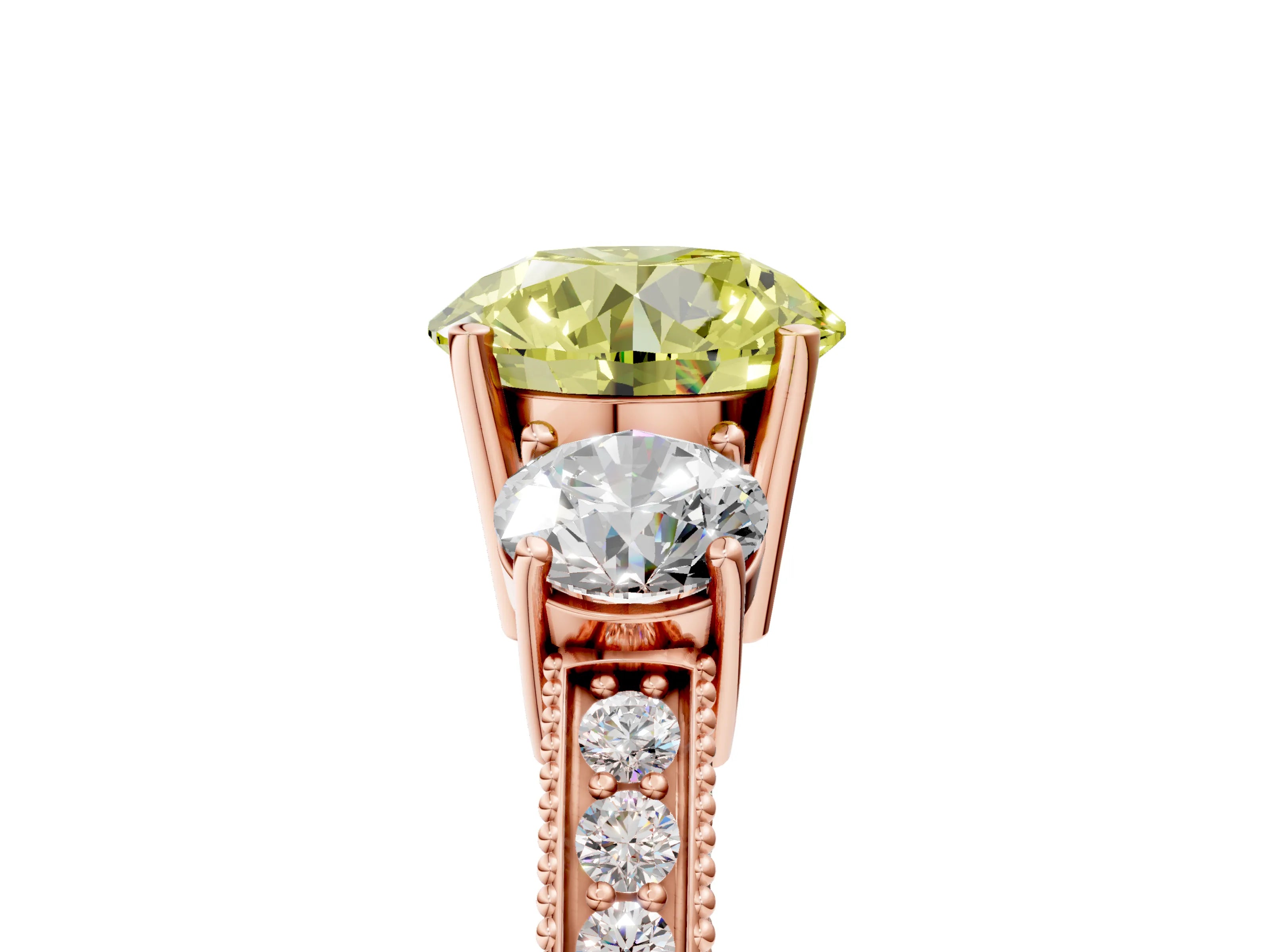 Rose gold Fancy Yellow Round Cut Three-Stone Diamond Ring with Pavé Band and Four-Prong Setting_5