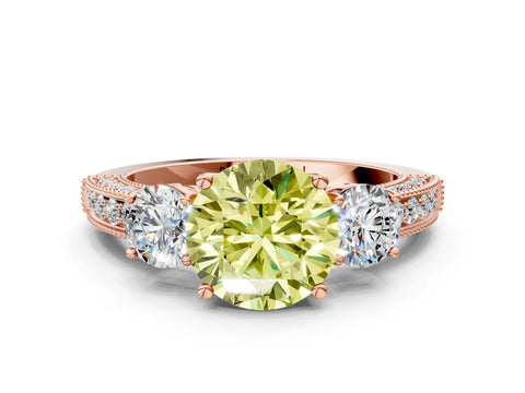 Rose gold Fancy Yellow Round Cut Three-Stone Diamond Ring with Pavé Band and Four-Prong Setting