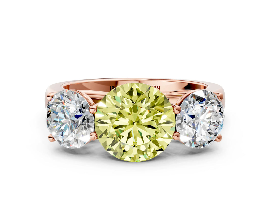 Rose gold Fancy Yellow Round Cut Three-Stone Diamond Ring with Prong Setting on a Classic Band_12