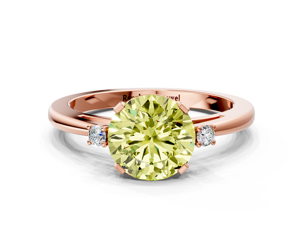 Rose gold Fancy Yellow Round  Cut Three-Stone Solitaire Ring with Round Accent Diamonds and Four-Prong Setting
