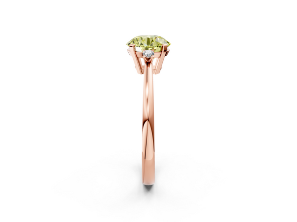 Rose gold Fancy Yellow Round  Cut Three-Stone Solitaire Ring with Round Accent Diamonds and Four-Prong Setting