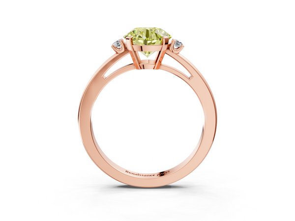 Rose gold Fancy Yellow Round  Cut Three-Stone Solitaire Ring with Round Accent Diamonds and Four-Prong Setting