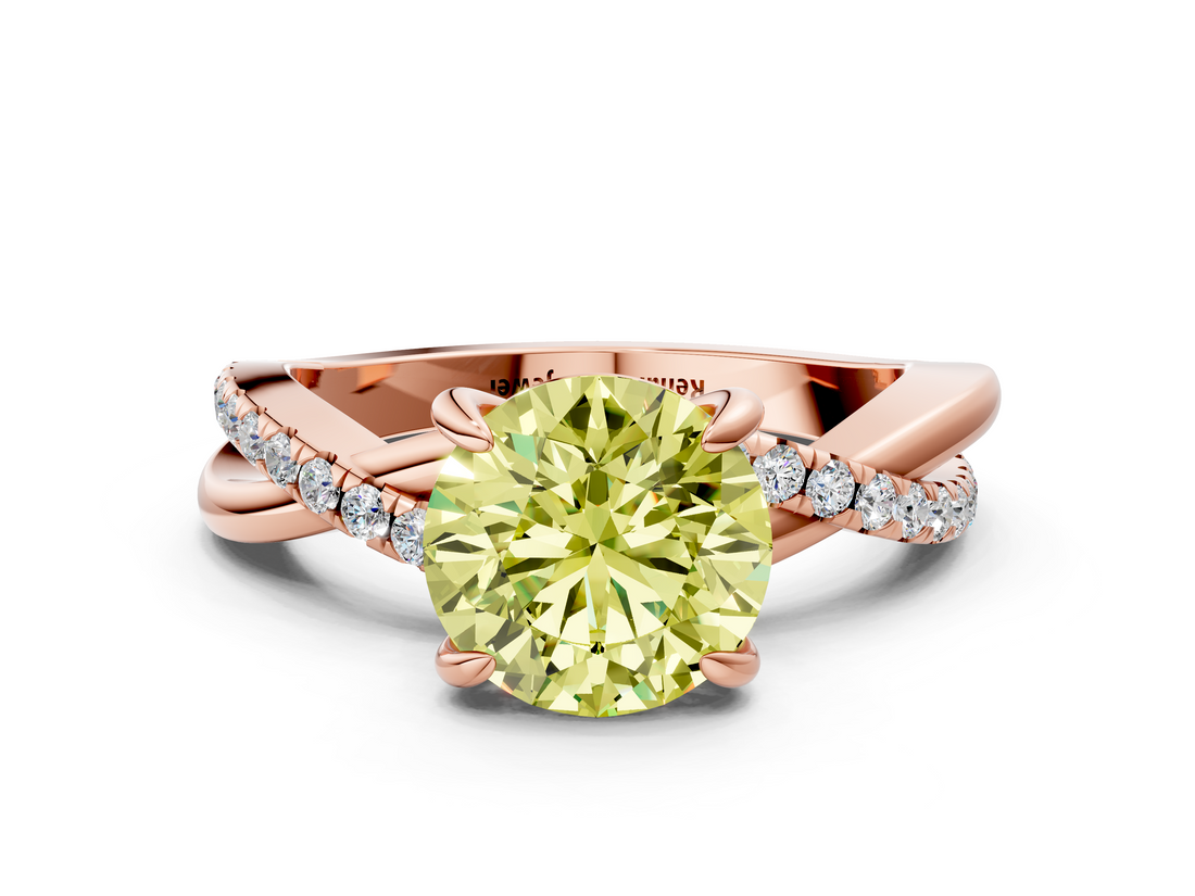 Rose gold Fancy Yellow Round  Cut Twist Band Solitaire Diamond Ring with Pavé Setting_3