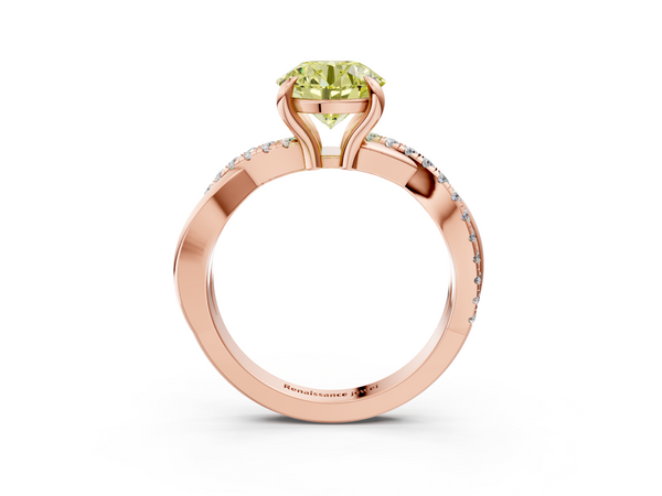 Rose gold Fancy Yellow Round  Cut Twist Band Solitaire Diamond Ring with Pavé Setting