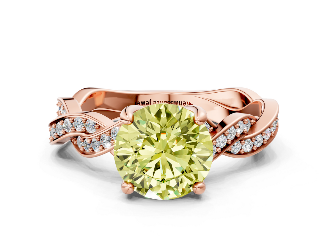 Rose gold Fancy Yellow Round  Cut Twisted Pavé Band Solitaire Ring with Four-Prong Setting